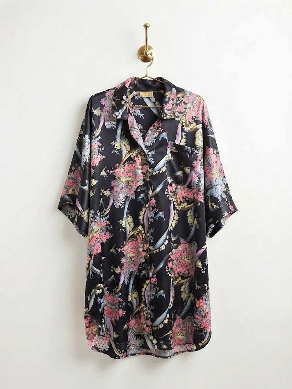 Floral Satin-like Short Sleeve Button Down in Black & Pink